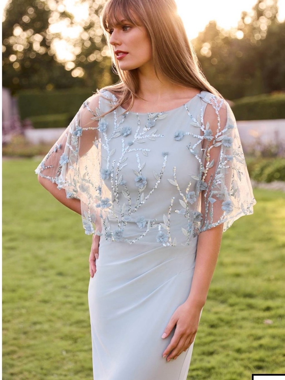 Frank Lyman Design Light Blue Embroidered Capelet Evening Gown Size 4